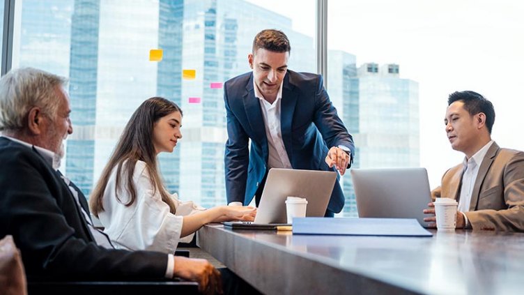 Employees are discussing something