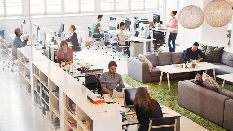 Employees working at their workstations inside the office